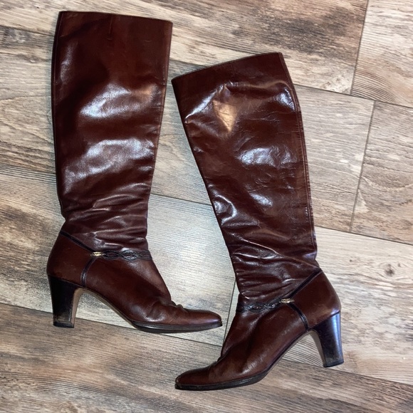 Salvatore Ferragamo Brown Leather Knee High Heeled Boots Size 6.5 - Picture 2 of 6